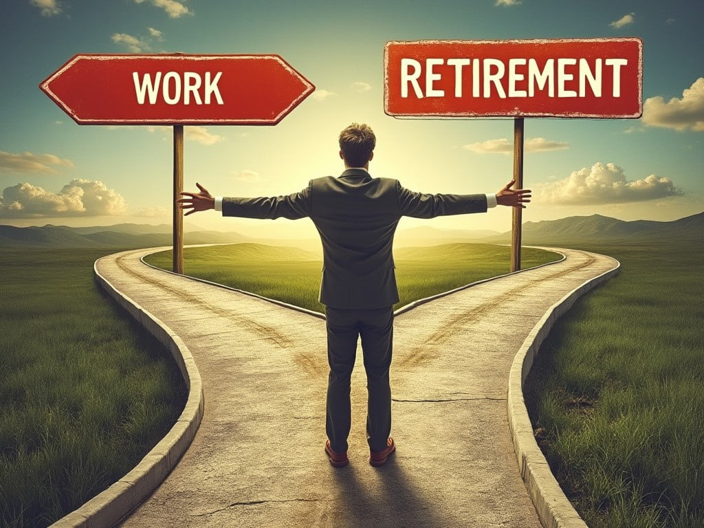 일과 은퇴 사이의 고민하는 남자 이미지